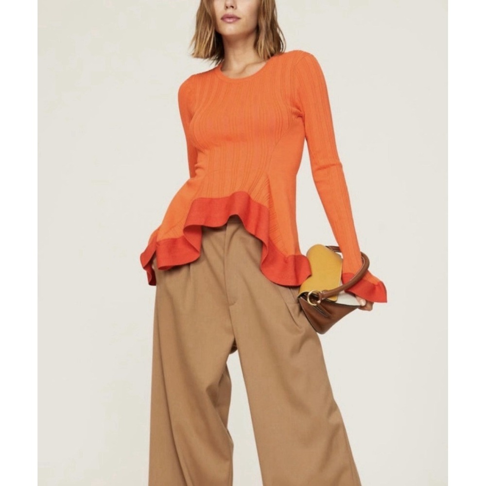 Esteban Cortazar Collective Orange Ribbed Bell Sleeve Blouse Peplum Size XS $275